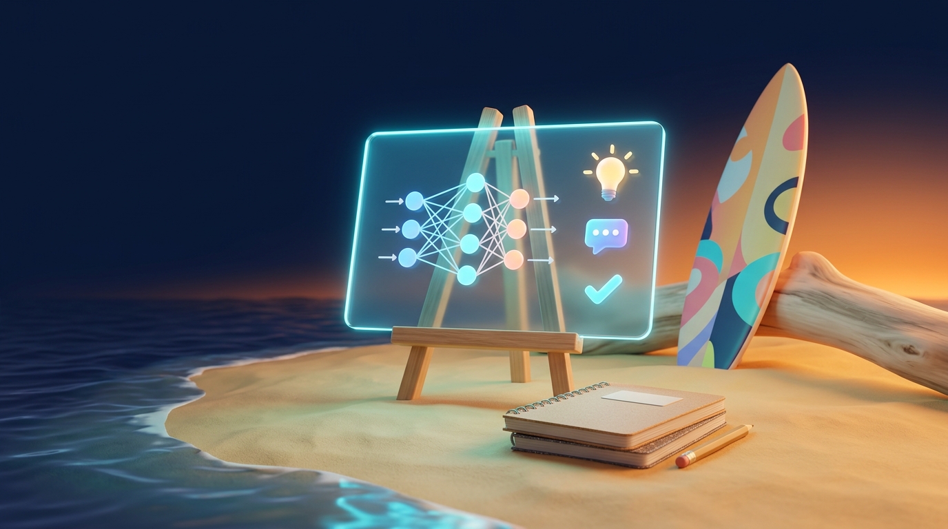 A glowing lesson board on the beach
